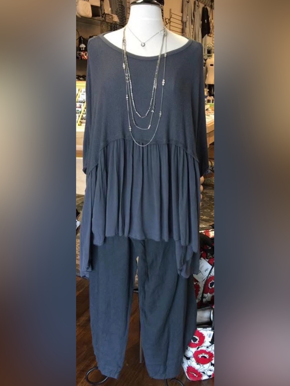 Saga Italy Lagenlook Oversized Tunic Top M Waffle Knit Gauze Boho Asymmetrical